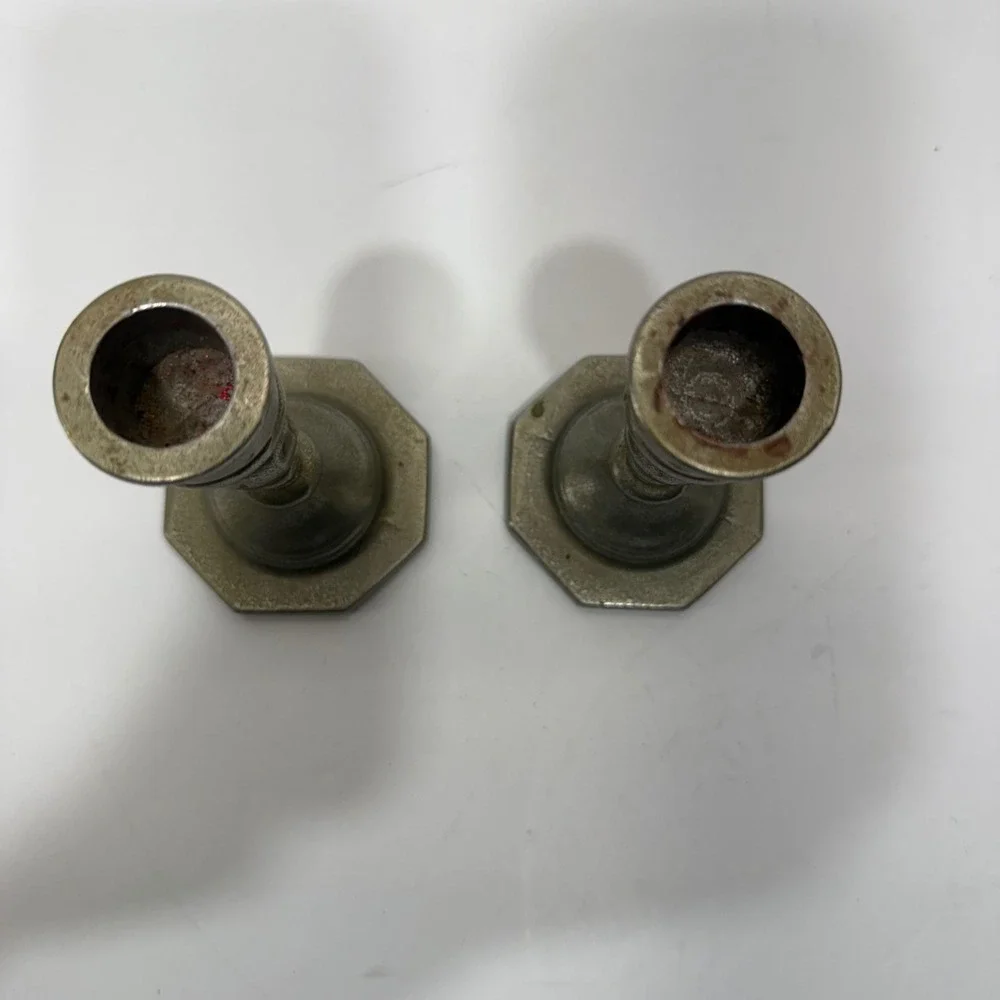 Vintage Metal Candlestick Holders Pair Octagonal Base Pewter Tone Rustic Decor